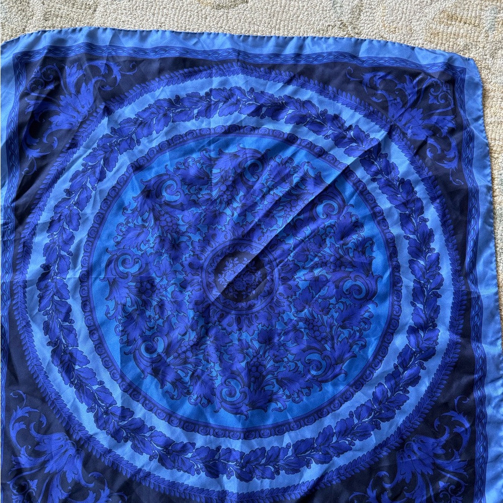 Elegant Versace Blue Patterned Silk Scarf